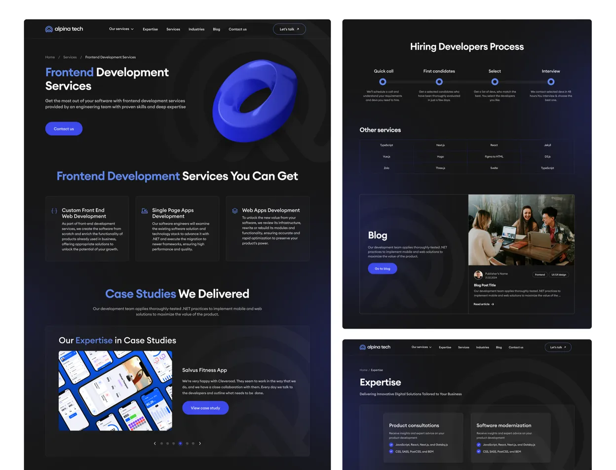 Alpina Tech website pages: services, hiring process, case studies and expertise