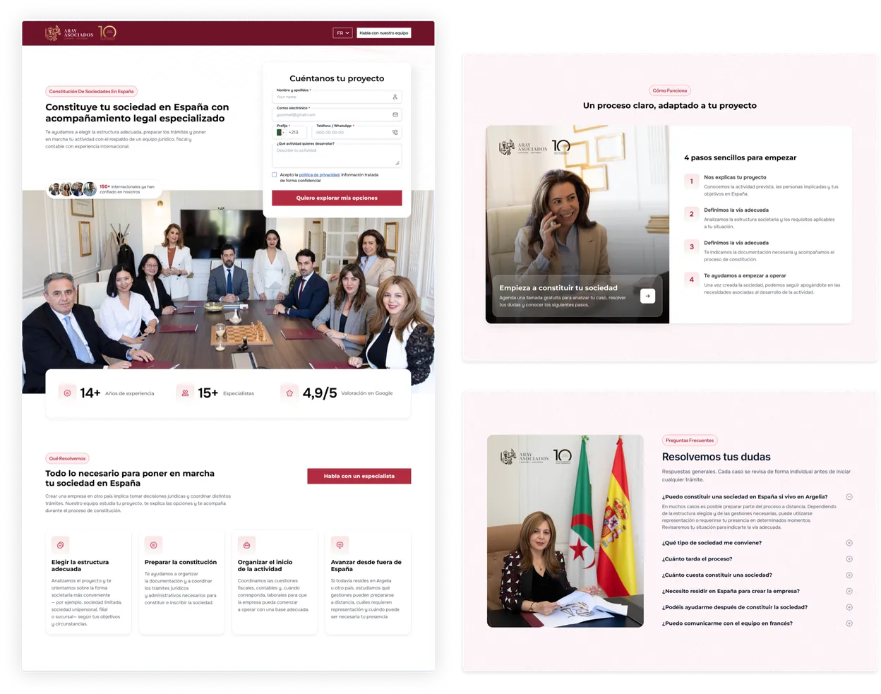 Aray Asociados landing page with enquiry form, 4-step process and FAQ